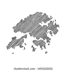 Scribble map of Hong Kong black drawing, pencil sketch on white background. Vector illustration eps10.