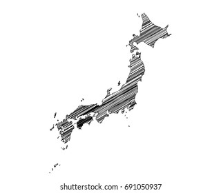 Scribble map of Japan. Sketch hand drawn, black map isolated on white background. Vector illustration eps 10.