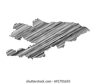 Scribble map of Kyrgyzstan. Sketch hand drawn, black map isolated on white background. Vector illustration eps 10.