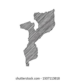Scribble map of Mozambique black drawing, pencil sketch on white background. Vector illustration eps10.