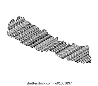 Scribble map of Nepal. Sketch hand drawn, black map isolated on white background. Vector illustration eps 10.