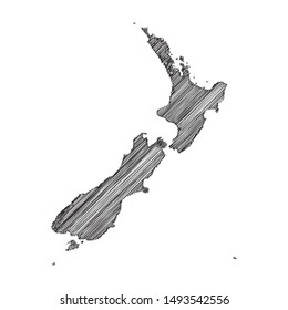 Scribble map of New Zealand black drawing, pencil sketch on white background. Vector illustration eps10.