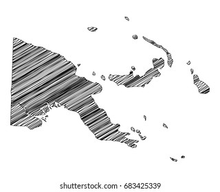 Scribble map of Papua New Guinea. Sketch hand drawn, black map isolated on white background. Vector illustration eps 10.