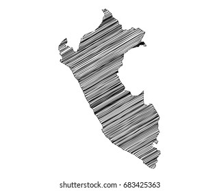 Scribble map of Peru. Sketch hand drawn, black map isolated on white background. Vector illustration eps 10.