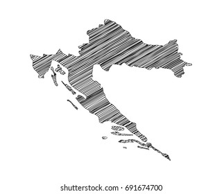 Scribble map of Republic of Croatia. Sketch hand drawn, black map isolated on white background. Vector illustration eps 10.