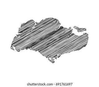 Scribble map of Singapore. Sketch hand drawn, black map isolated on white background. Vector illustration eps 10.