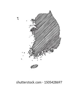 Scribble map of South Korea black drawing, pencil sketch on white background. Vector illustration eps10.