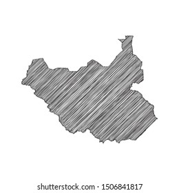 Scribble map of South Sudan black drawing, pencil sketch on white background. Vector illustration eps10.