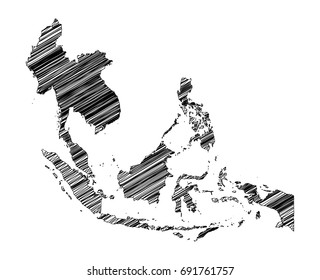 Scribble map of southeast asia. Sketch hand drawn, black map isolated on white background. Vector illustration eps 10.