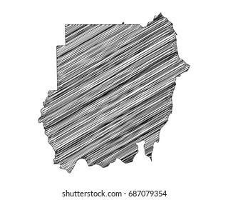 Scribble map of Sudan. Sketch hand drawn, black map isolated on white background. Vector illustration eps 10.