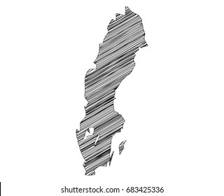 Scribble map of Sweden. Sketch hand drawn, black map isolated on white background. Vector illustration eps 10.