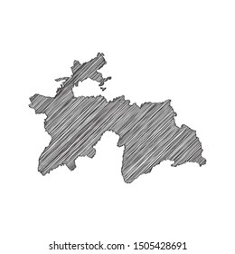 Scribble map of Tajikistan black drawing, pencil sketch on white background. Vector illustration eps10.