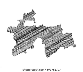 Scribble map of Tajikistan. Sketch hand drawn, black map isolated on white background. Vector illustration eps 10.