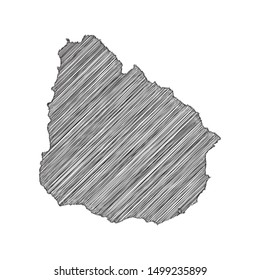 Scribble map of Uruguay black drawing, pencil sketch on white background. Vector illustration eps10.
