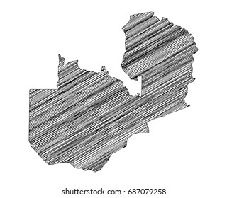 Scribble map of Zambia. Sketch hand drawn, black map isolated on white background. Vector illustration eps 10.