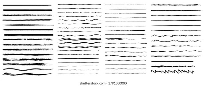 Scribble marker borders. Set of artistic pen brushes. Vintage doodle underlines. Hand drawn grunge strokes. Scribble marker borders, sketch underlines. Set of black strokes. Ink brush drawing.