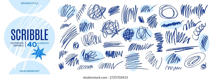 Marcador de rabisco, linha da caneta. Conjunto de rabiscos bagunçados. Textura do lápis de rabisco. Expressa rabiscar de escola azul. Elemento de manuscrito de pincel de esboço. Pinte png de vetor de rabisco grosso e bagunçado de giz de cera. Grunge bg