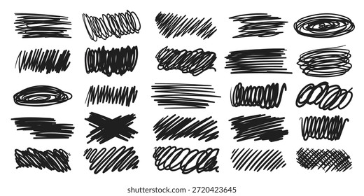 Scribble marker or pencil strokes, rough textured hand drawn brush lines, waves, squiggles and cross. Text emphasis, strike elements