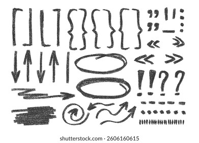 Scribble marks, arrow doodle set. Crayon underlines, quotation marks, brackets and signs. Scribble sketch pencil emphasis note highlights. Vector hand drawn illustration isolated on white background.