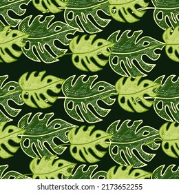 Scribble monstera leaves tropical seamless pattern. Hand drawn exotic hawaiian jungle backdrop. Rainforest background. Design for fabric, surface, textile print, wrapping, cover