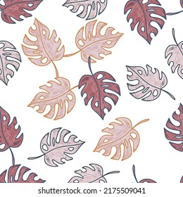 Scribble Monstera hinterlässt ein tropisches nahtloses Muster. Handgezeichnete exotische hawaiianische Dschungelhintergrund. Regenwaldhintergrund. Design für Gewebe, Oberfläche, Stoffdruck, Umhüllung, Abdeckung