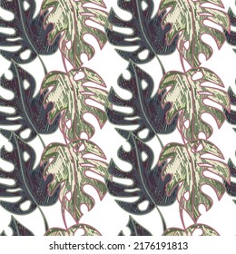 Scribble Monstera hinterlässt ein tropisches nahtloses Muster. Handgezeichnete exotische hawaiianische Dschungelhintergrund. Regenwaldhintergrund. Design für Gewebe, Oberfläche, Stoffdruck, Umhüllung, Abdeckung