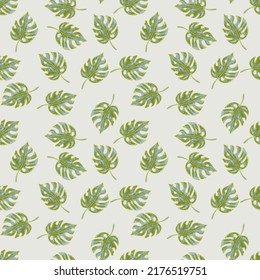 Scribble monstera leaves tropical seamless pattern. Hand drawn exotic hawaiian jungle backdrop. Rainforest background. Design for fabric, surface, textile print, wrapping, cover