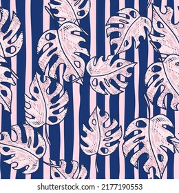 Scribble monstera leaves tropical seamless pattern. Hand drawn exotic hawaiian jungle backdrop. Rainforest background. Design for fabric, surface, textile print, wrapping, cover