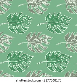 Scribble monstera leaves tropical seamless pattern. Hand drawn exotic hawaiian jungle backdrop. Rainforest background. Design for fabric, surface, textile print, wrapping, cover
