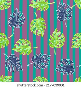 Scribble monstera leaves tropical seamless pattern. Hand drawn exotic hawaiian jungle backdrop. Rainforest background. Design for fabric, surface, textile print, wrapping, cover
