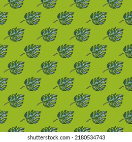 Scribble monstera leaves tropical seamless pattern. Hand drawn exotic hawaiian jungle backdrop. Rainforest background. Design for fabric, surface, textile print, wrapping, cover