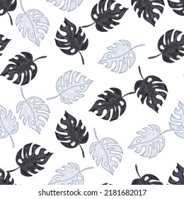 Scribble monstera leaves tropical seamless pattern. Hand drawn exotic hawaiian jungle backdrop. Rainforest background. Design for fabric, surface, textile print, wrapping, cover