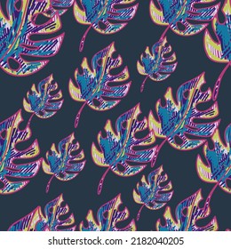 Scribble Monstera hinterlässt ein tropisches nahtloses Muster. Handgezeichnete exotische hawaiianische Dschungelhintergrund. Regenwaldhintergrund. Design für Gewebe, Oberfläche, Stoffdruck, Umhüllung, Abdeckung