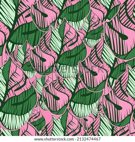 Scribble monstera leaves tropical seamless pattern. Embroidery palm leaf endless wallpaper. Exotic hawaiian jungle backdrop. Rainforest background. Design for fabric , textile print, wrapping, cover