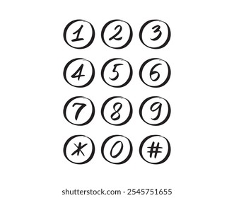 Rabiscar números em uma fonte desenhada à mão circular. Números rabiscam vetor isolado preto. Ilustração vetorial