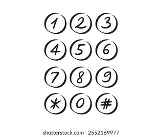 Scribble numbers in circle hand drawn font. Numbers doodle black isolated vector. Vector illustration