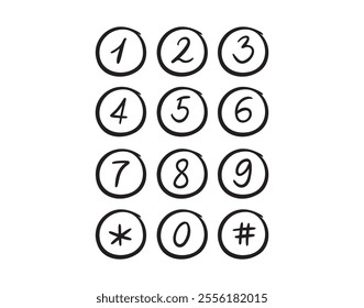Scribble numbers in circle hand drawn font. Numbers doodle black isolated vector. Vector illustration