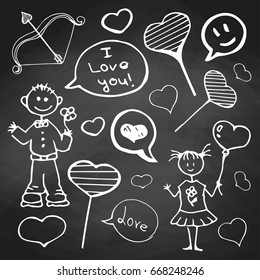 Scribble on the chalkboard. Boy with a girl of different hearts and inscriptions about love. Set for Valentine's Day.