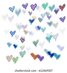 Scribble Orange, Dark Red, Blue, Violet and Light Green Hearts of Different Size and Color on White Background