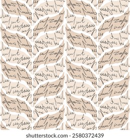 Scribble ornament with handwritten script text paper pieces seamless pattern. Unreadable letter endless background. Illegible note repeat cover. Vector hand drawn flat illustration.