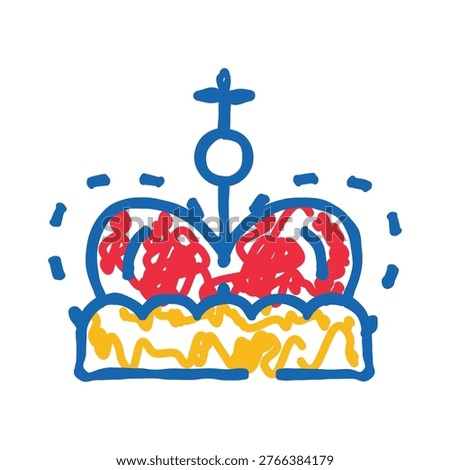 Scribble outline drawing of a royal crown featuring blue lines, red fill, and yellow base, symbolizing monarchy, success, and achievement in a playful style
