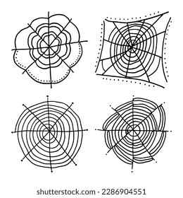 Scribble outlines of the web, cobweb, spider web, gossamer. Halloween background creative design. Doodle vector. Backdrop background.