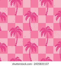 Scribble palm tree seamless pattern on retro checkered background