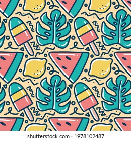 scribble pattern of hand drawn seaweed, ice cream, and fruit lime with icons and design elements