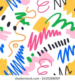 Scribble pattern, seamless doodle background. Abstract texture, repeating print design with squiggles, brushstroke drawings, random lines, creative sketch elements. Hand-drawn vector illustration.