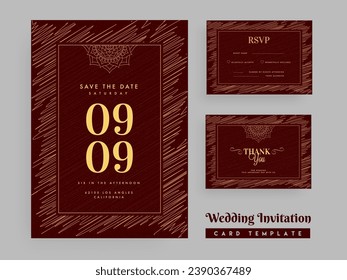 Scribble Pattern Wedding Invitation Template Design with Marriage invite, Rsvp and Thank you card for save the date concept.