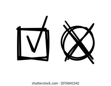 Scribble pen drawn check marks. Doodle tickbox and cross in a round shape. Agree or disagree sign. Vector illustration isolated on white background.