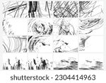 Scribble with pen or pencil strokes brush set. Hand drawn set with chaotic randomized abstract black white patterns scratches. Various doodles for covers, posters and cards. Vector.