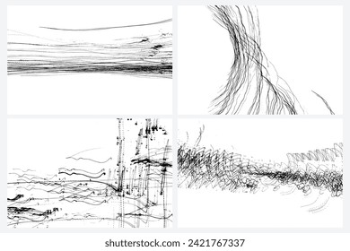 Scribble pen or pencil strokes brush set. Drawn chaotic randomized abstract black white patterns scratches. Random doodle covers, posters and cards. Black charcoal pencil sketch textures Vector.