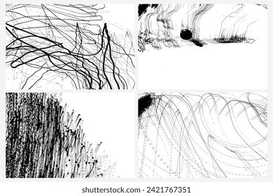 Scribble pen or pencil strokes brush set. Drawn chaotic randomized abstract black white patterns scratches. Random doodle covers, posters and cards. Black charcoal pencil sketch textures Vector.